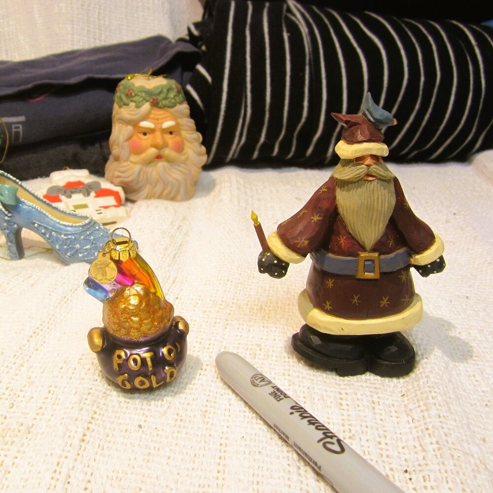 2 VTG CHRISTMAS ORNAMENTS, DEPT 56 POT OF GOLD, WILLIRAYE SANTA